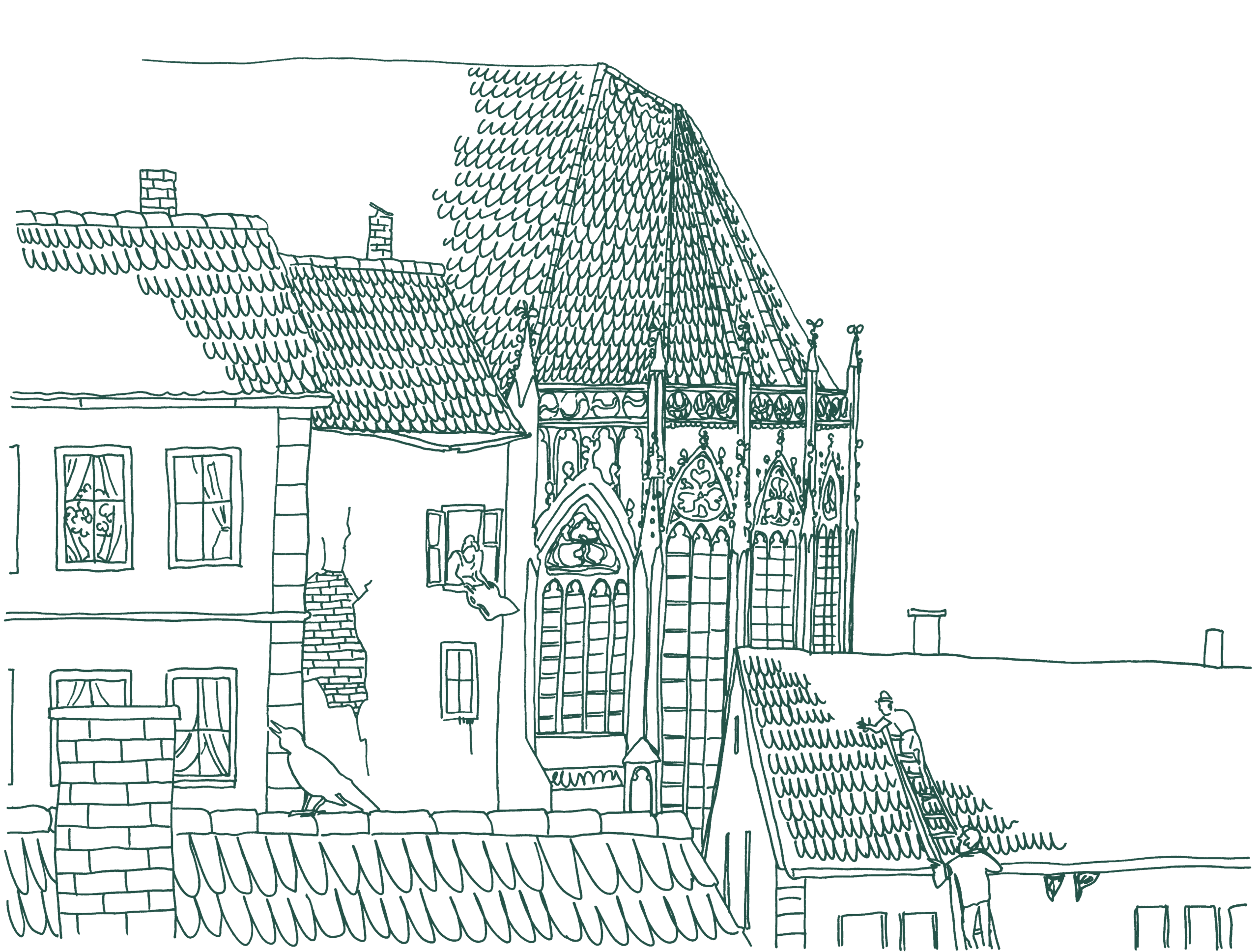 Lineart-Illustration, die den Blick über Hausdächer auf die Rückseite der Lambertikirche zeigt.