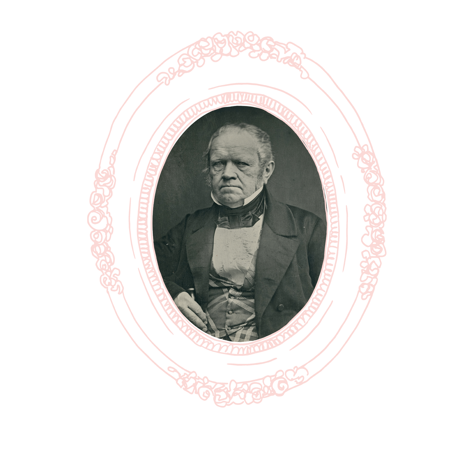 Ovales Schwarzweiß-Foto von Johann Hermann Hüffer als älterer Mann mit Vatermörderkragen, schwarzer Halsbinde und diagonal karierter Weste. Ein Auge Hüffers schaut in die Kamera, das andere daran vorbei.