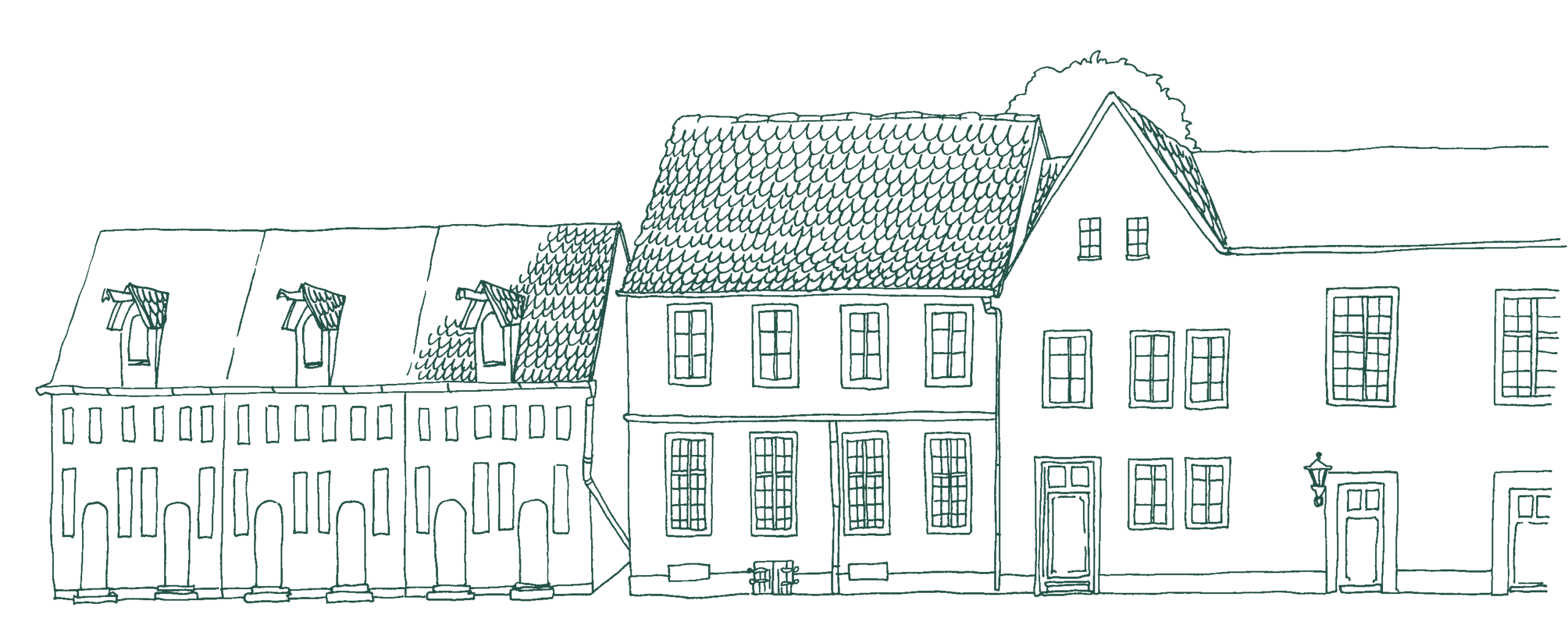Linienzeichnung einer frontalen Häuserzeile.