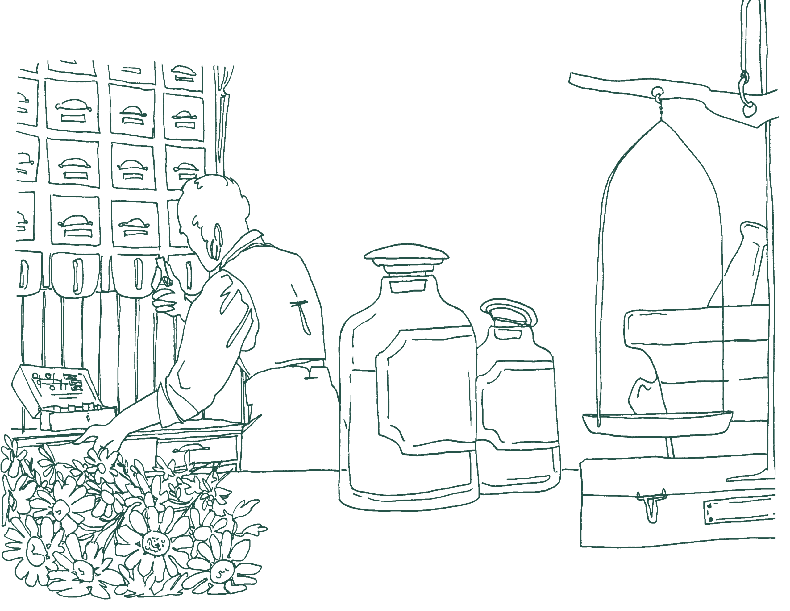 Lineart-Illustration, die einen Mann vor einem Apothekerschrank zeigt, der eine Philo ansieht, im Vordergrund Kamille, zwei Flaschen und eine Waage mit Mörser dahinter.