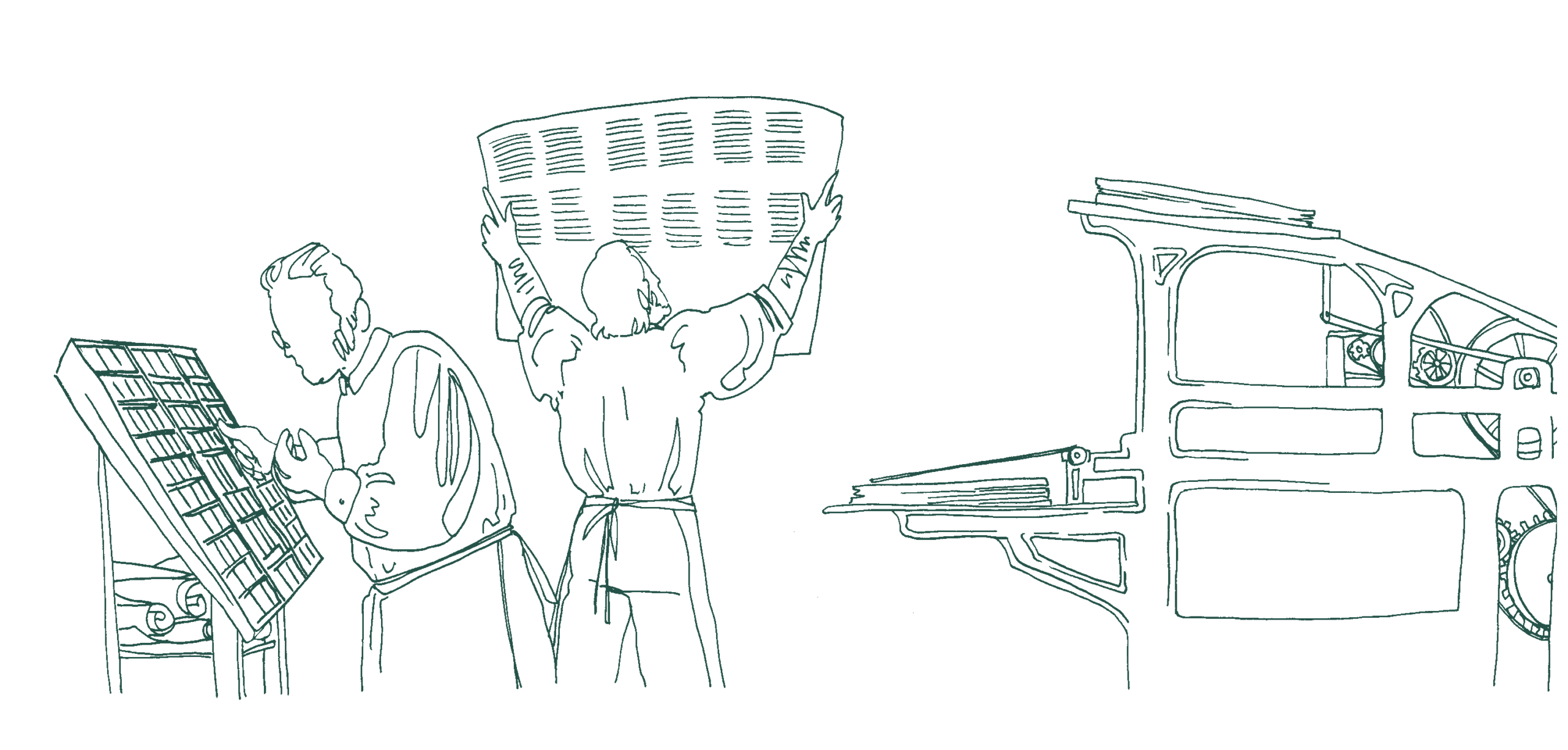 Linienzeichnung eines Typensetzers und eines Mannes in Arbeitshemd und Schürze, der einen Druckbogen hochhält. Rechts im Bild eine Druckerpresse, seitlich gesehen.