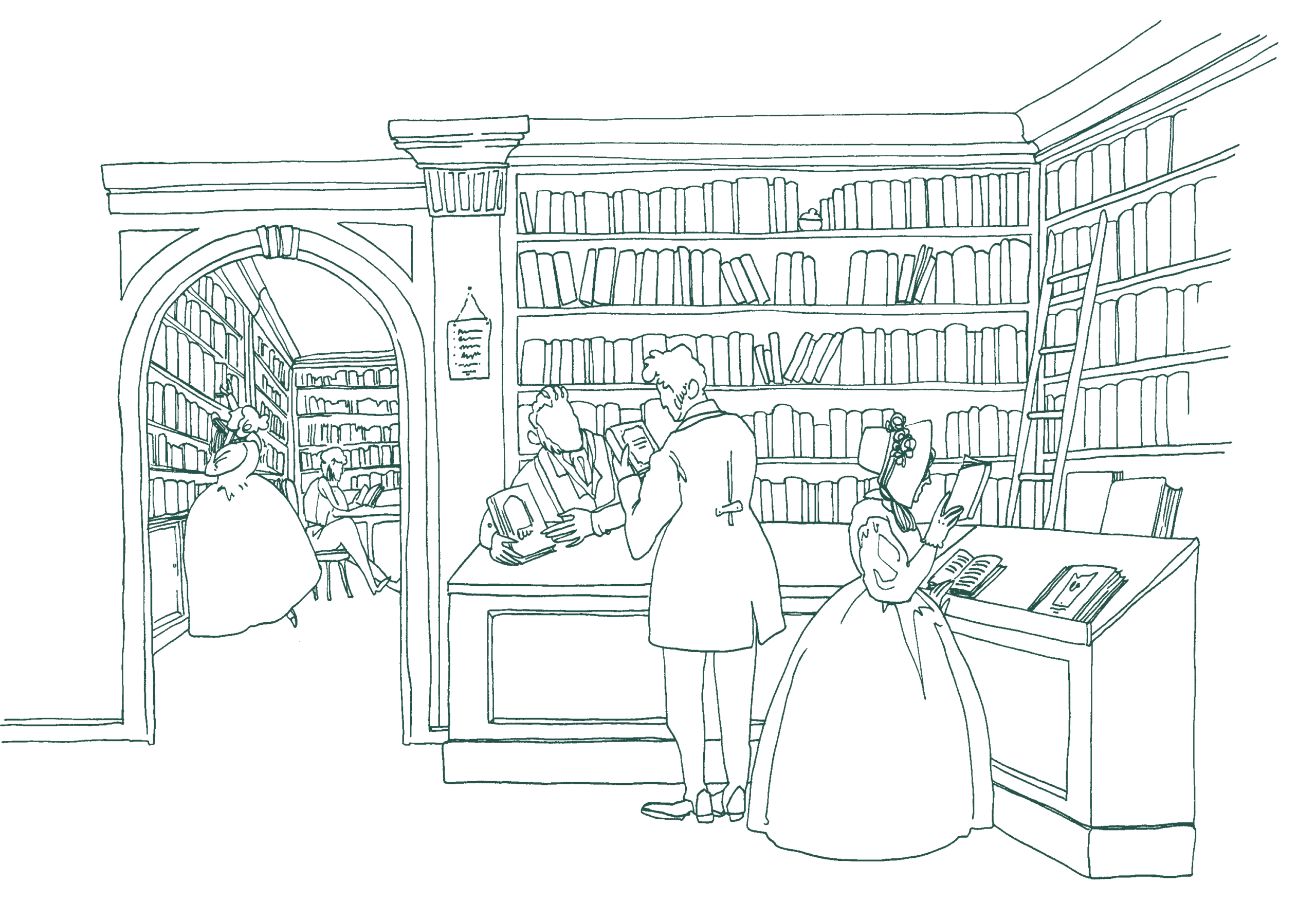 Lineart-Illustration, die einen Tresen zeigt, dahinter über Eck ein hohes Buchregal, davor Kund:innen. Links im Hintergrund des Bildes sieht man in ein Hinterzimmer, wo sich eine Frau nach einem Buch oben im Regal reckt, und jemand an einem Tisch sitzend liest.