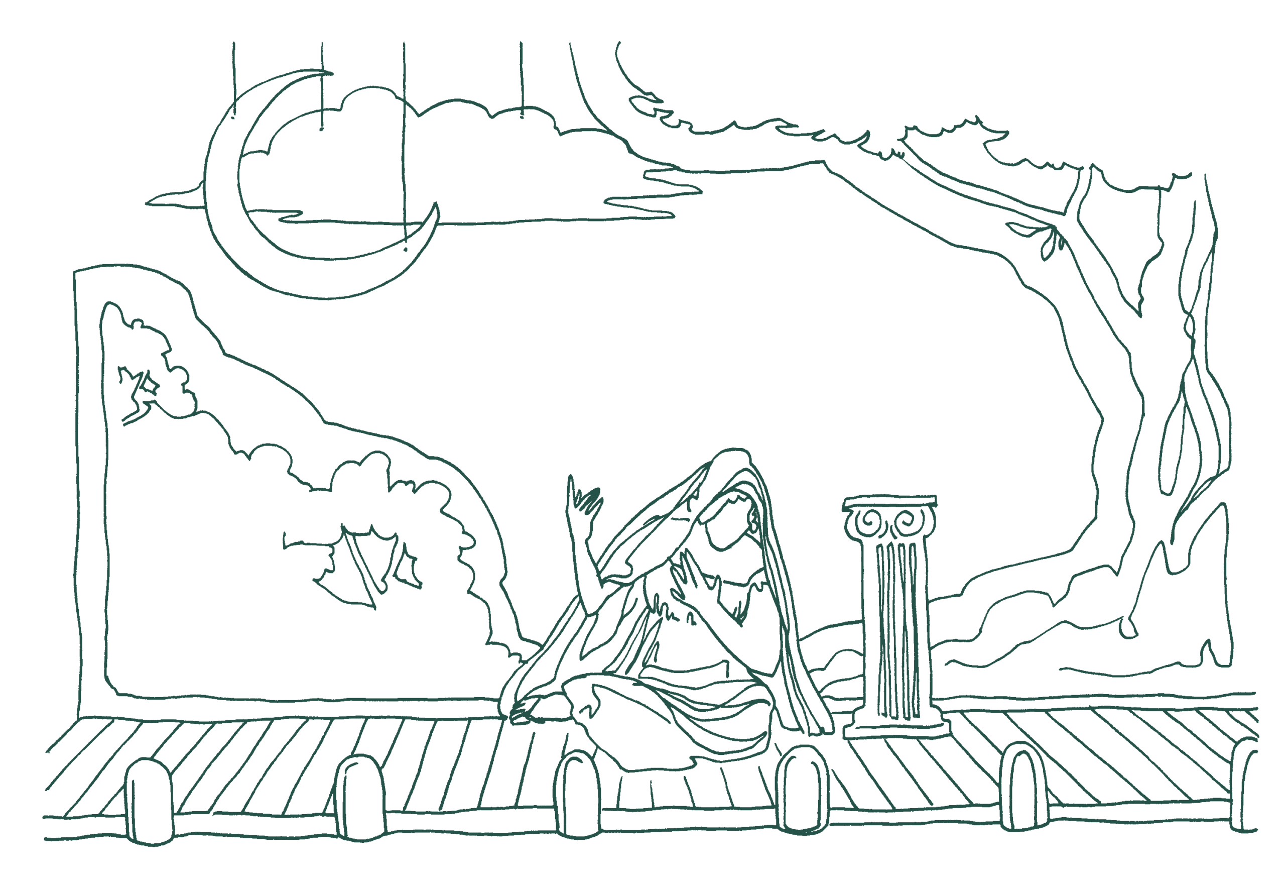 Lineart-Illustration einer Bühne mit Aufbauten und Requisiten, in der Mitte eine in Schleier gehüllte, deklamierende Frau.