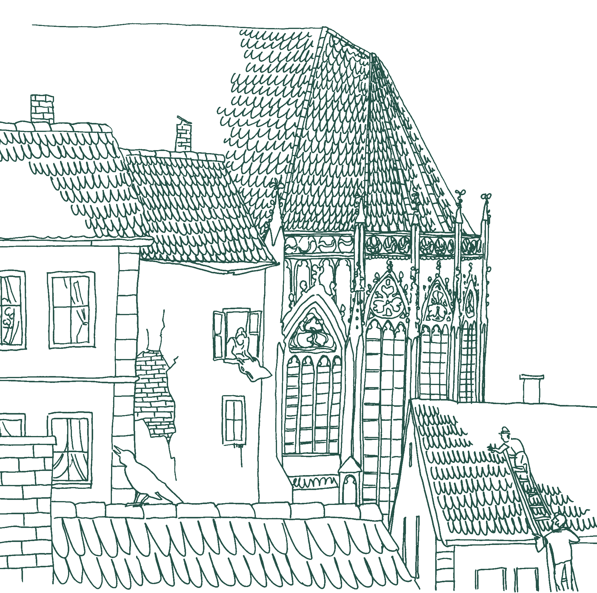 Lineart-Illustration, die den Blick über Hausdächer auf die Rückseite der Lambertikirche zeigt.