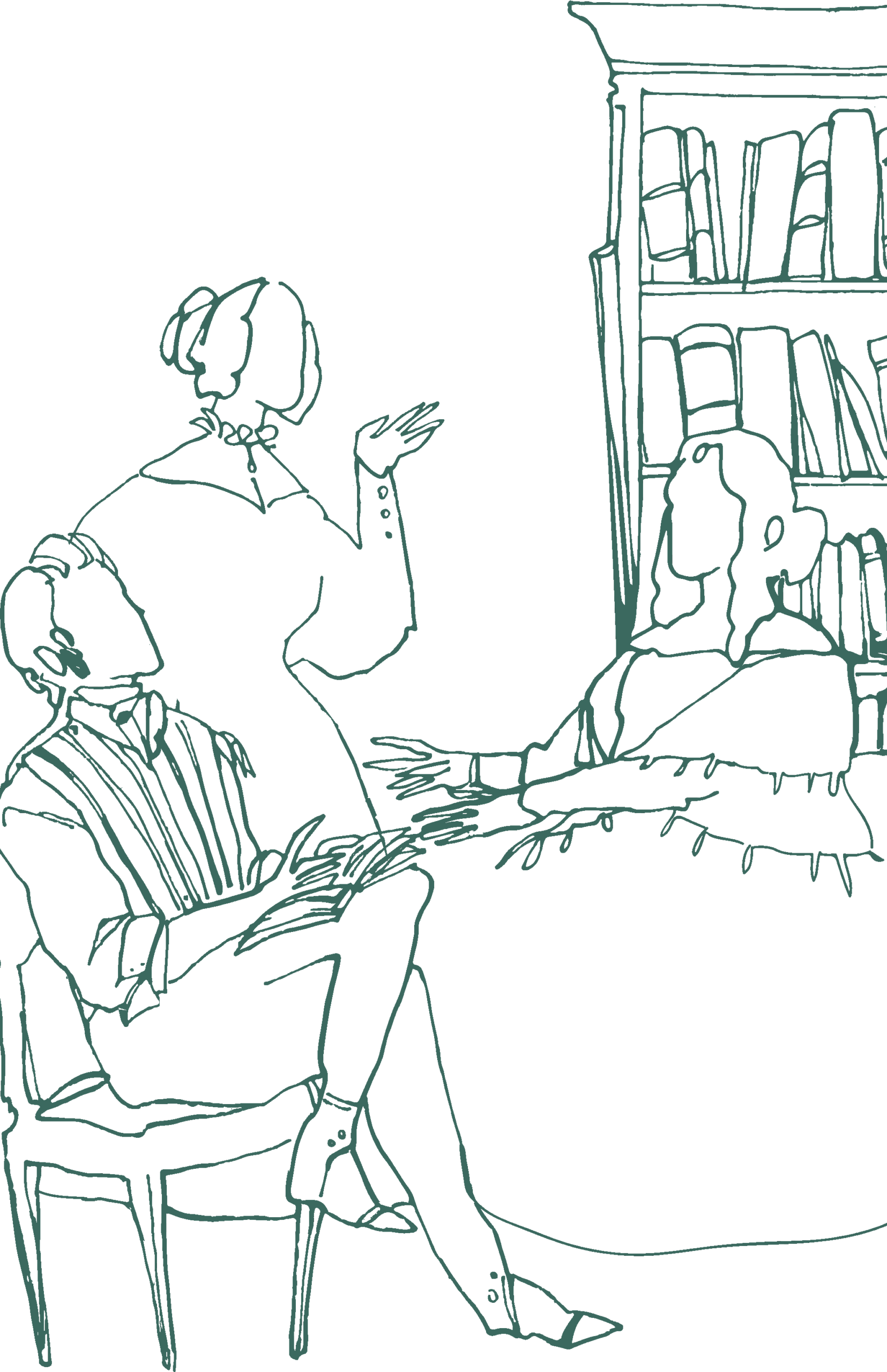 Lineart-Illustration, drei Personen in historischen Kostümen sitzen und diskutieren über Bücher.
