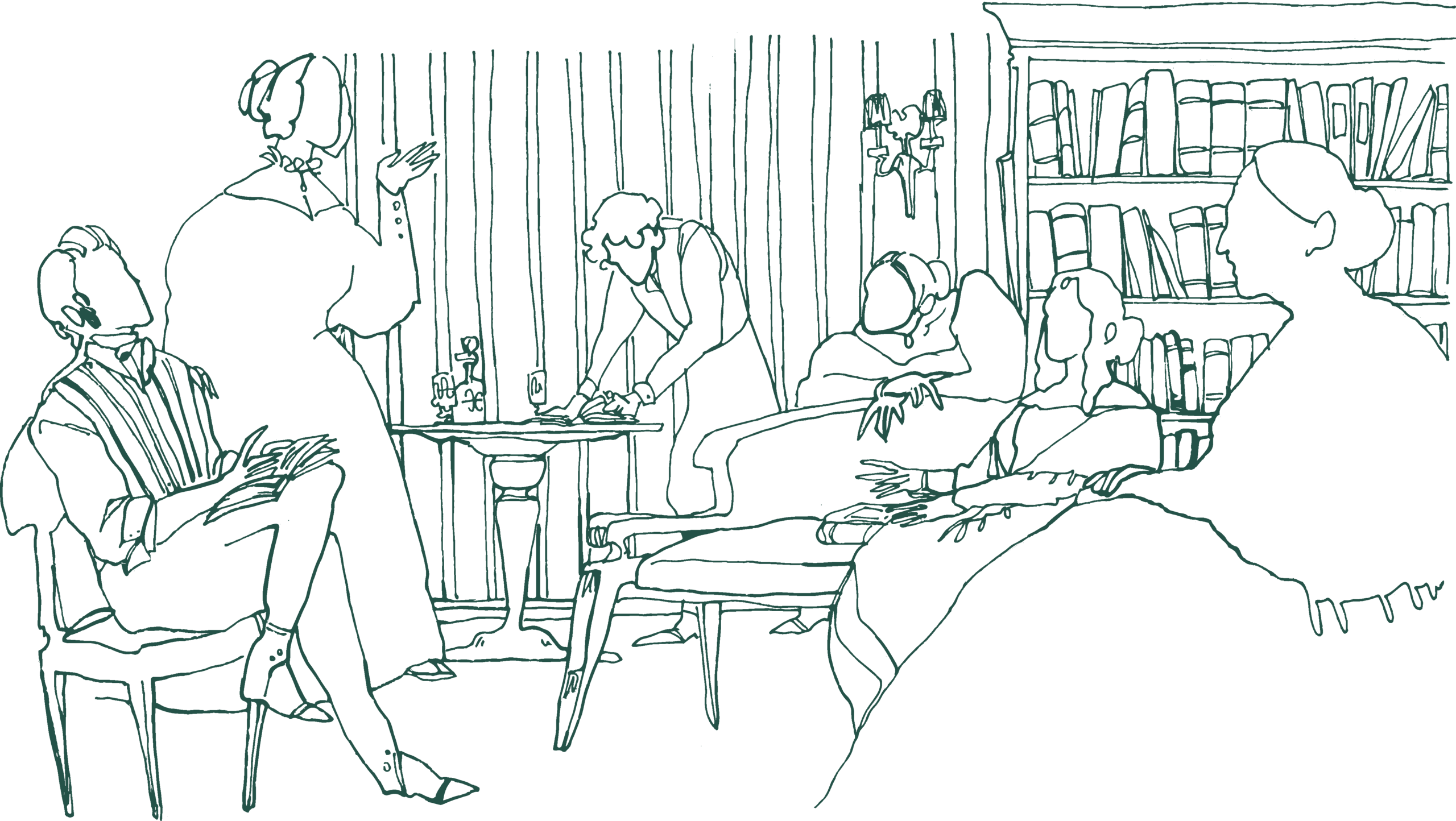 Lineart-Illustration, die eine Szene aus einem Literatursalon zeigt, im Raum sitzen und stehen Menschen in historischen Kostümen und diskutieren.