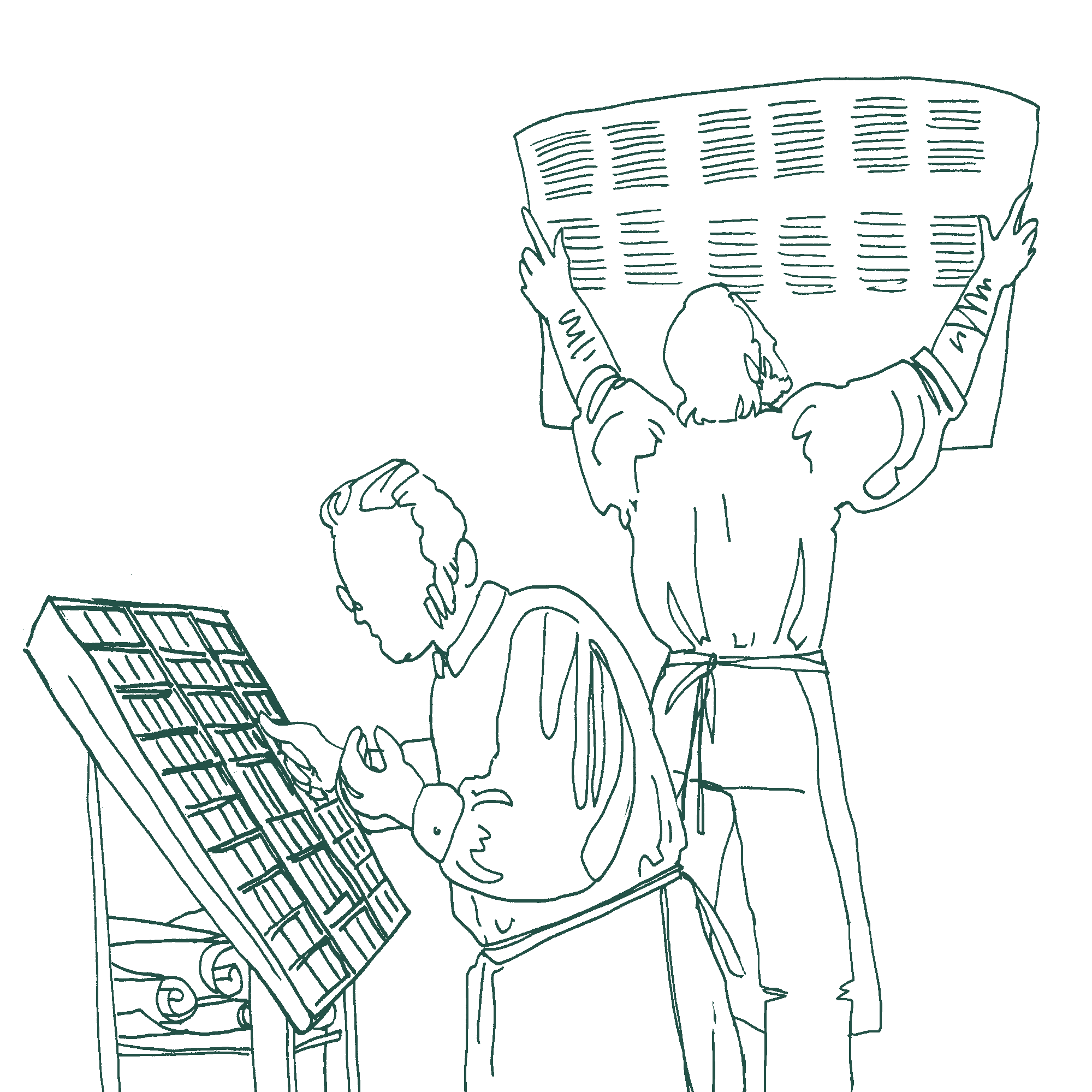 Linienzeichnung eines Typensetzers und eines Mannes in Arbeitshemd und Schürze, der einen Druckbogen hochhält.