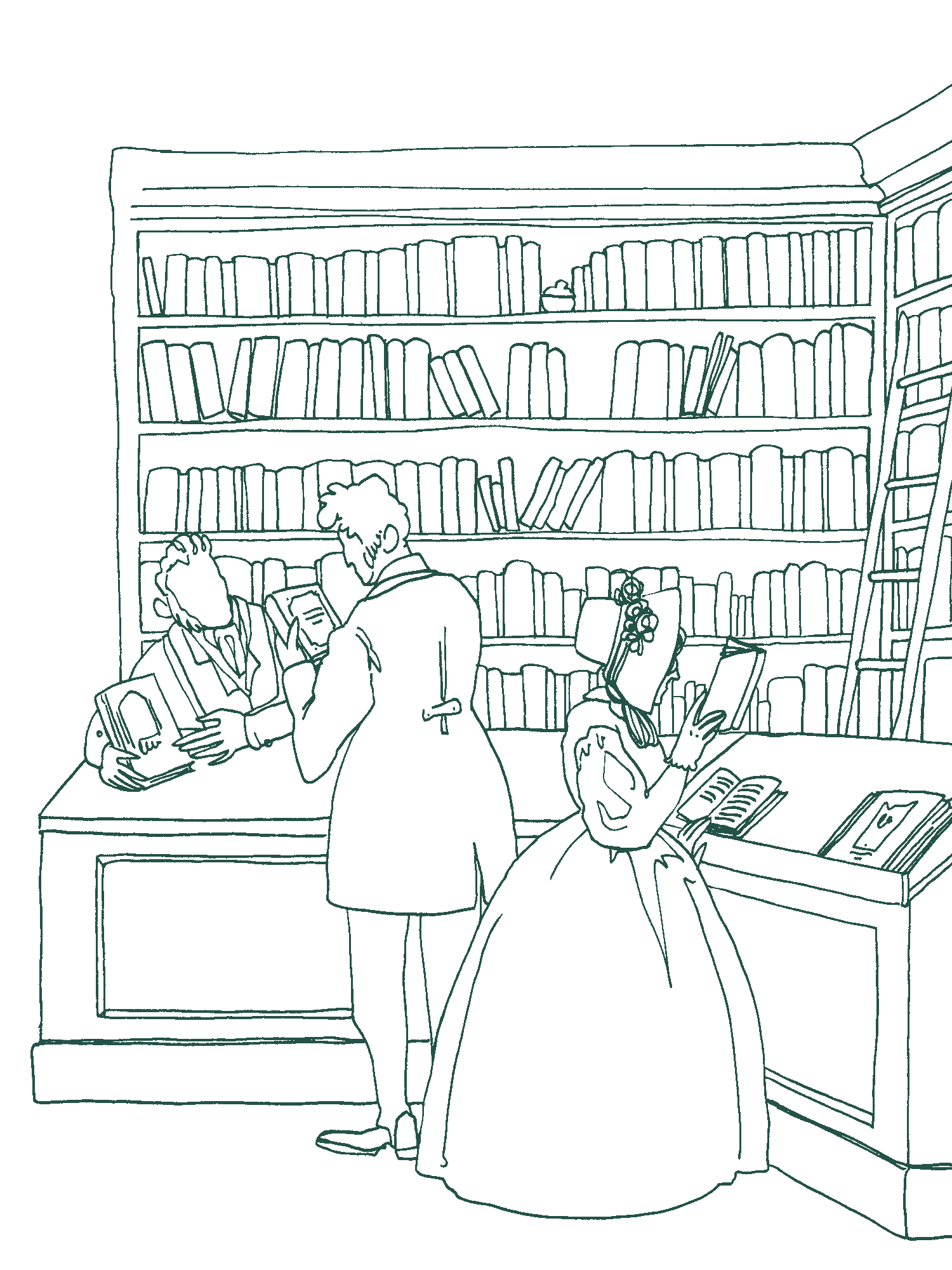 Lineart-Illustration, die einen Tresen zeigt, dahinter über Eck ein hohes Buchregal, davor Kund:innen.