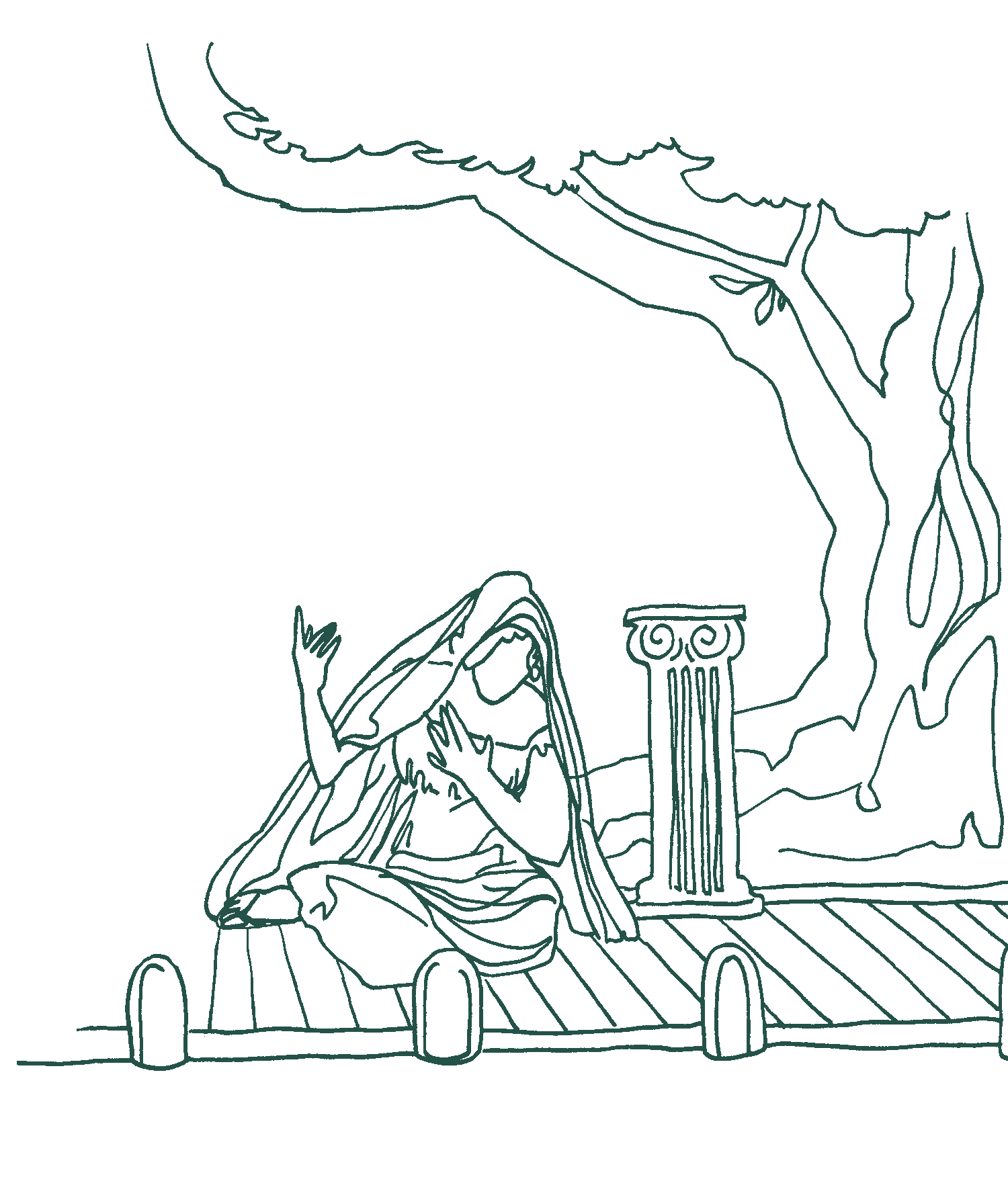 Lineart-Illustration einer Bühne mit Aufbauten und Requisiten, in der Mitte eine in Schleier gehüllte, deklamierende Frau.